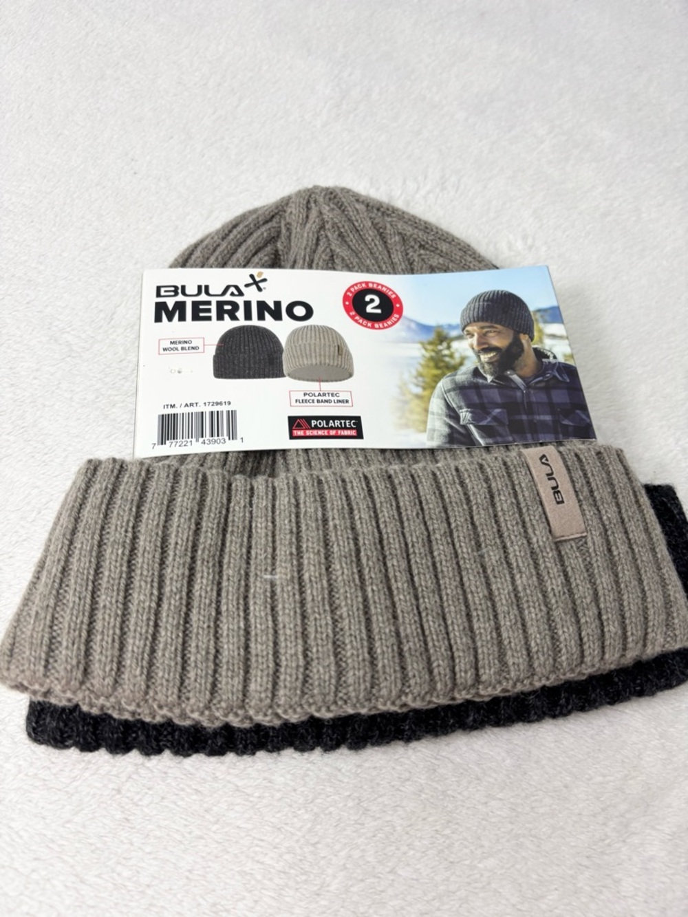 Bula Merino Wool Polartec Fleece Band Liner Unisex Rib Knit Beanie Set of 2